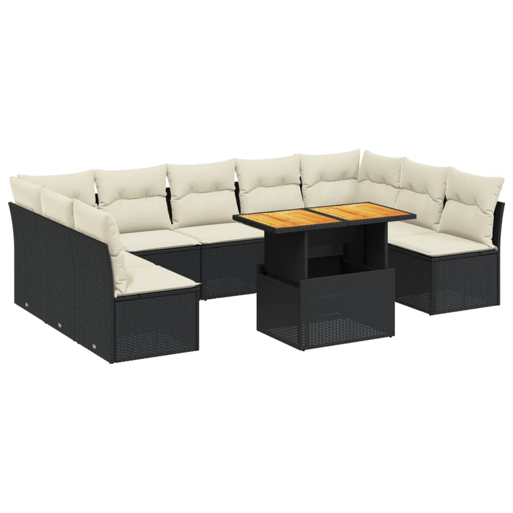 10-delige Loungeset met kussens poly rattan zwart