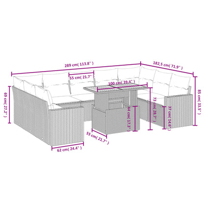 10-delige Loungeset met kussens poly rattan zwart