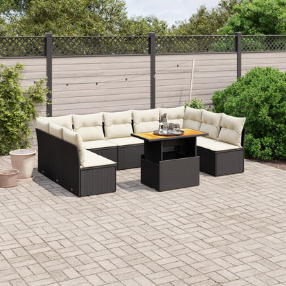 10-delige Loungeset met kussens poly rattan zwart