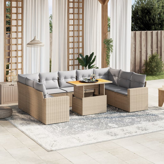 10-delige Loungeset met kussens poly rattan beige