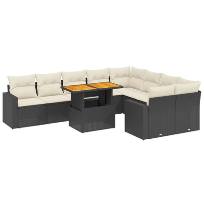 10-delige Loungeset met kussens poly rattan zwart