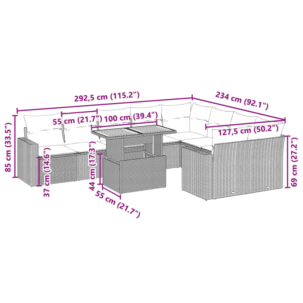 10-delige Loungeset met kussens poly rattan zwart