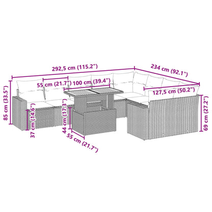 10-delige Loungeset met kussens poly rattan zwart