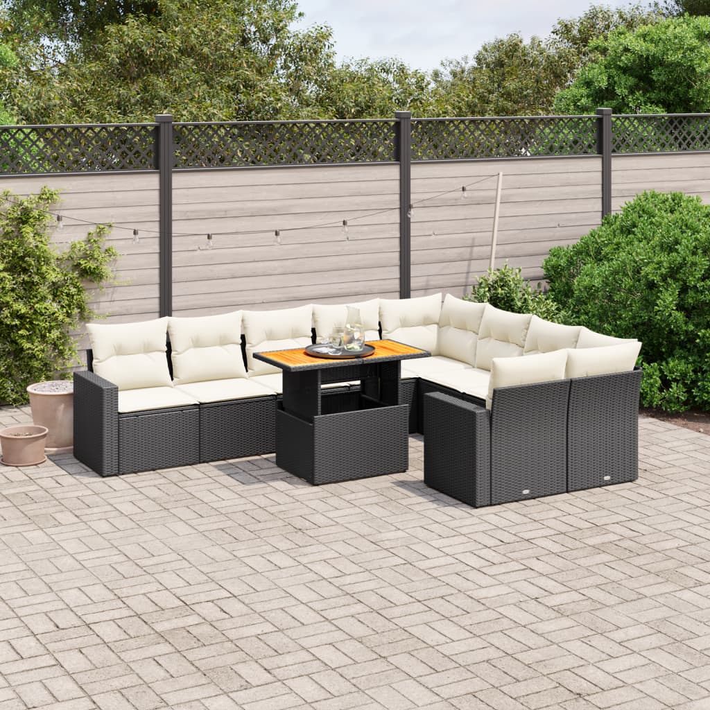 10-delige Loungeset met kussens poly rattan zwart