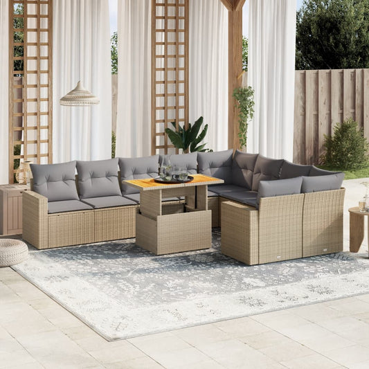 10-delige Loungeset met kussens poly rattan beige