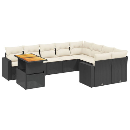 10-delige Loungeset met kussens poly rattan zwart