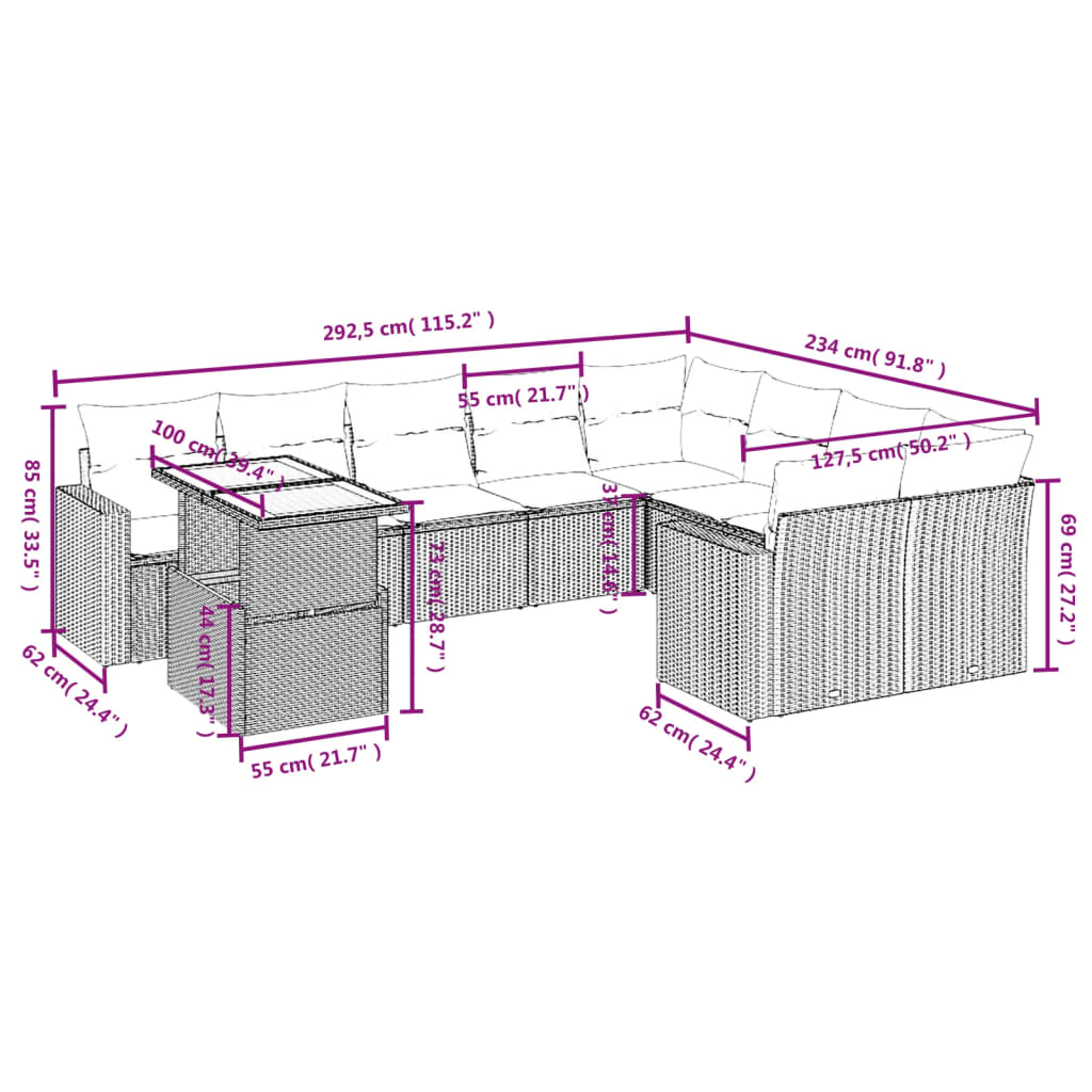 10-delige Loungeset met kussens poly rattan zwart