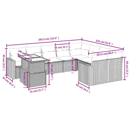 10-delige Loungeset met kussens poly rattan zwart