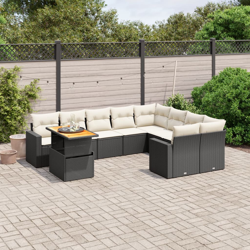 10-delige Loungeset met kussens poly rattan zwart