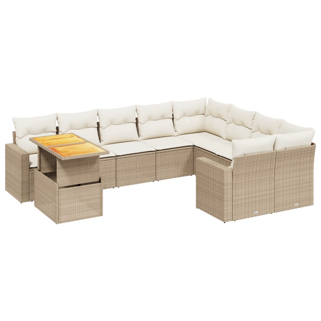 10-delige Loungeset met kussens poly rattan beige