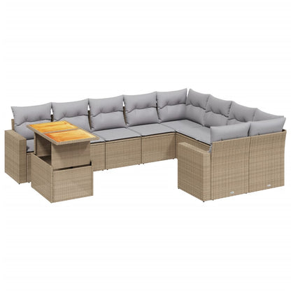 10-delige Loungeset met kussens poly rattan beige