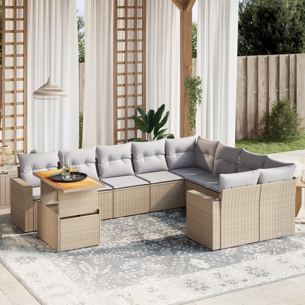 10-delige Loungeset met kussens poly rattan beige