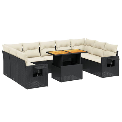 10-delige Loungeset met kussens poly rattan zwart