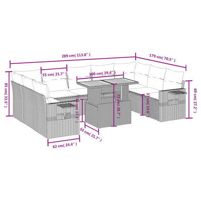 10-delige Loungeset met kussens poly rattan zwart