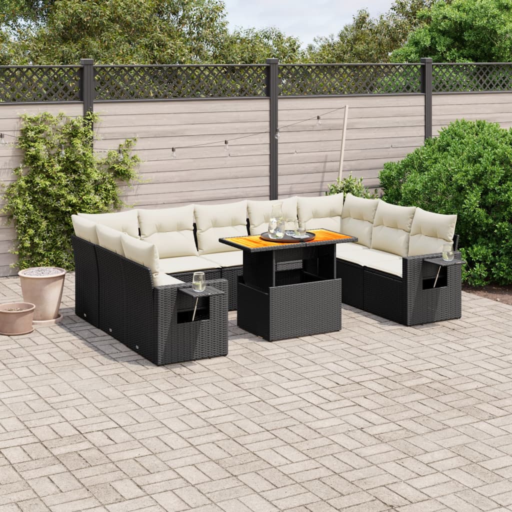 10-delige Loungeset met kussens poly rattan zwart