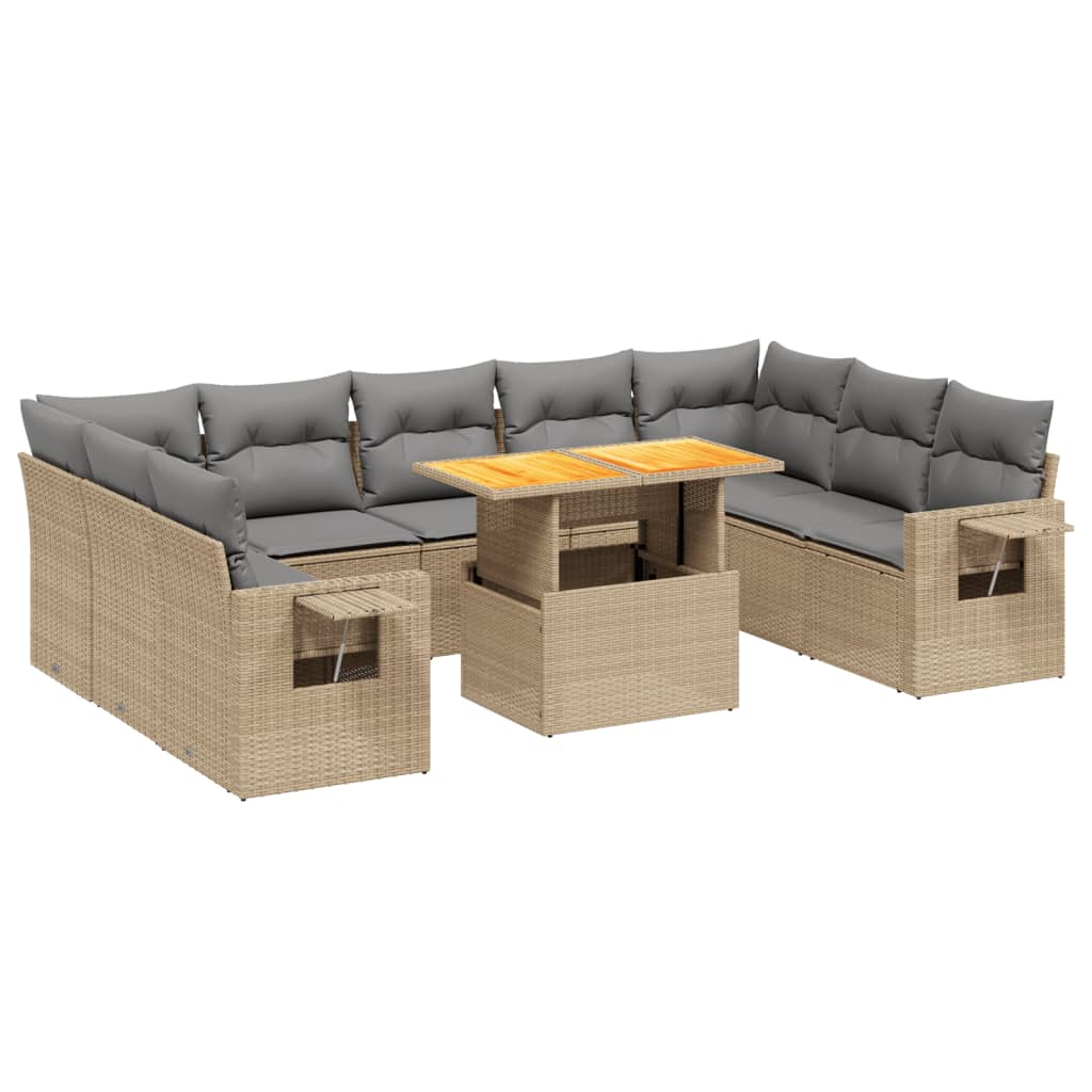 10-delige Loungeset met kussens poly rattan beige