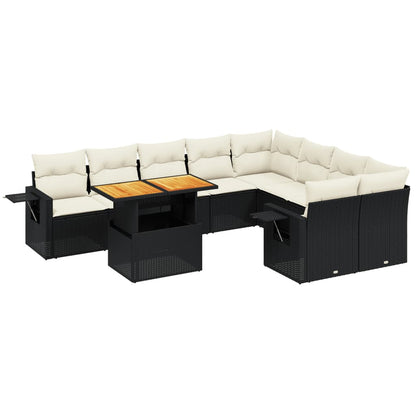 10-delige Loungeset met kussens poly rattan zwart