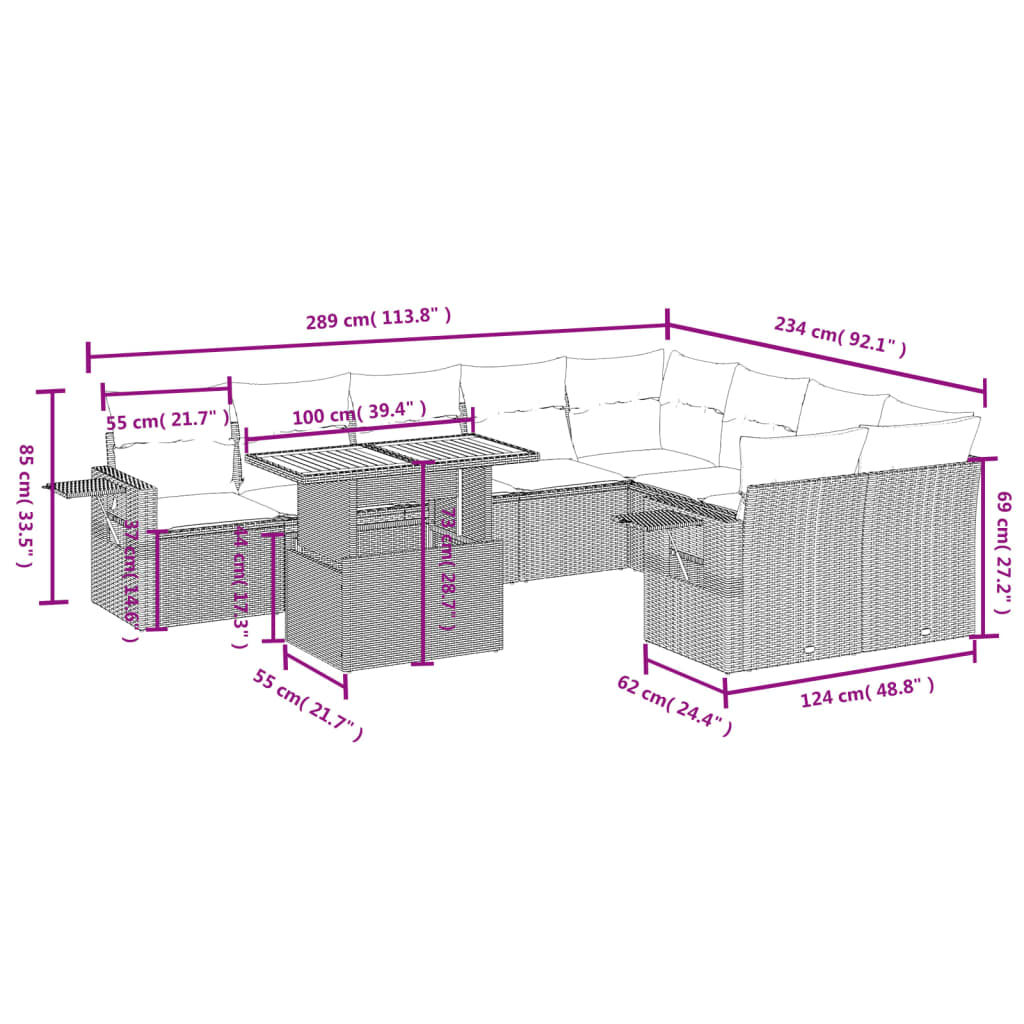 10-delige Loungeset met kussens poly rattan zwart