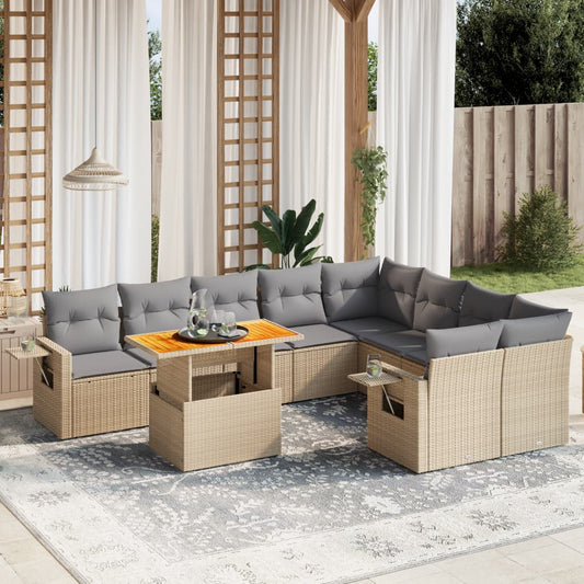 10-delige Loungeset met kussens poly rattan beige