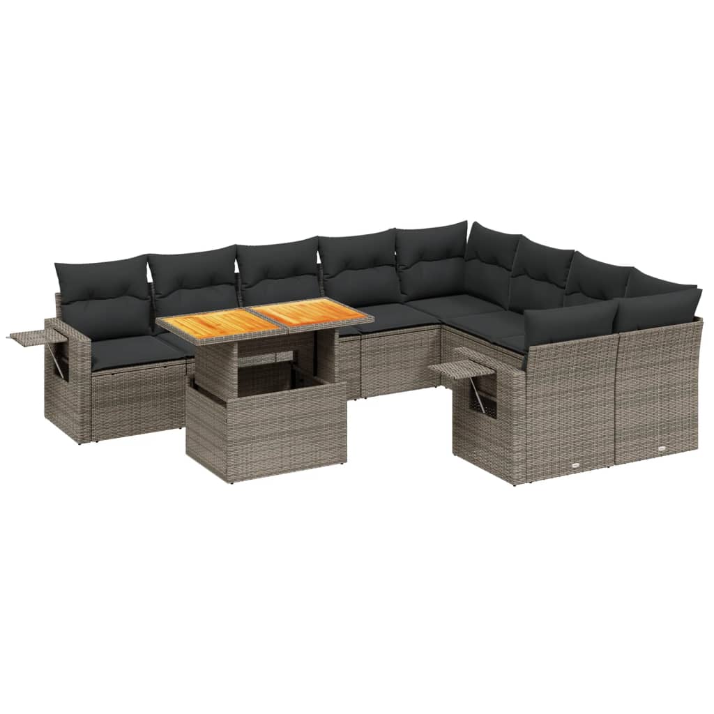 10-delige Loungeset met kussens poly rattan grijs