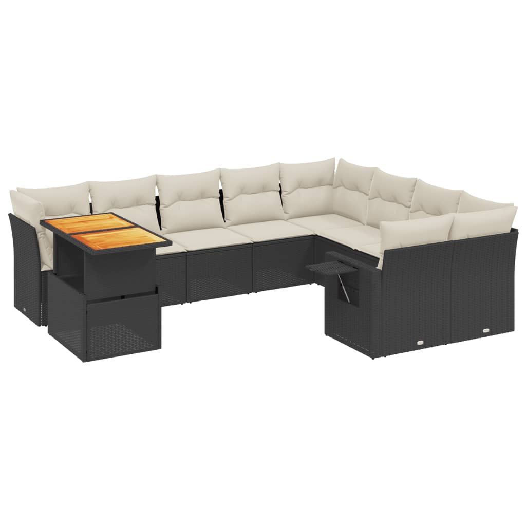 10-delige Loungeset met kussens poly rattan zwart