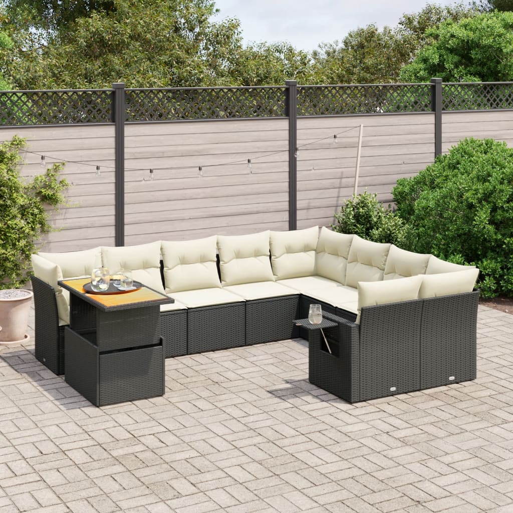 10-delige Loungeset met kussens poly rattan zwart