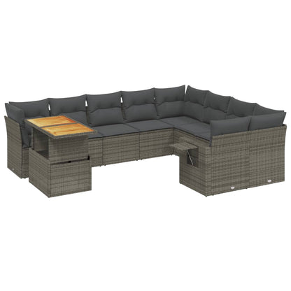 10-delige Loungeset met kussens poly rattan grijs