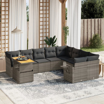 10-delige Loungeset met kussens poly rattan grijs