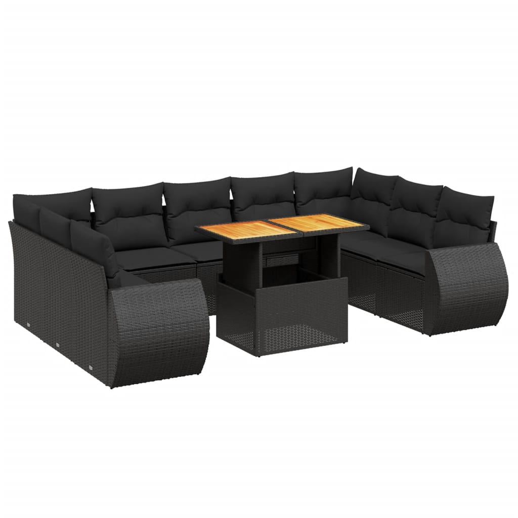 10-delige Loungeset met kussens poly rattan zwart