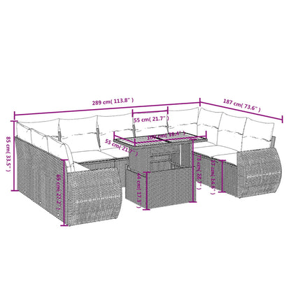 10-delige Loungeset met kussens poly rattan zwart