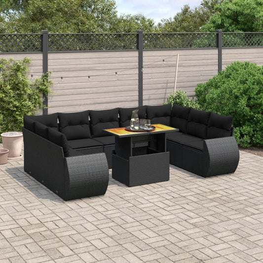 10-delige Loungeset met kussens poly rattan zwart