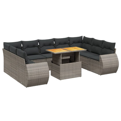 10-delige Loungeset met kussens poly rattan grijs