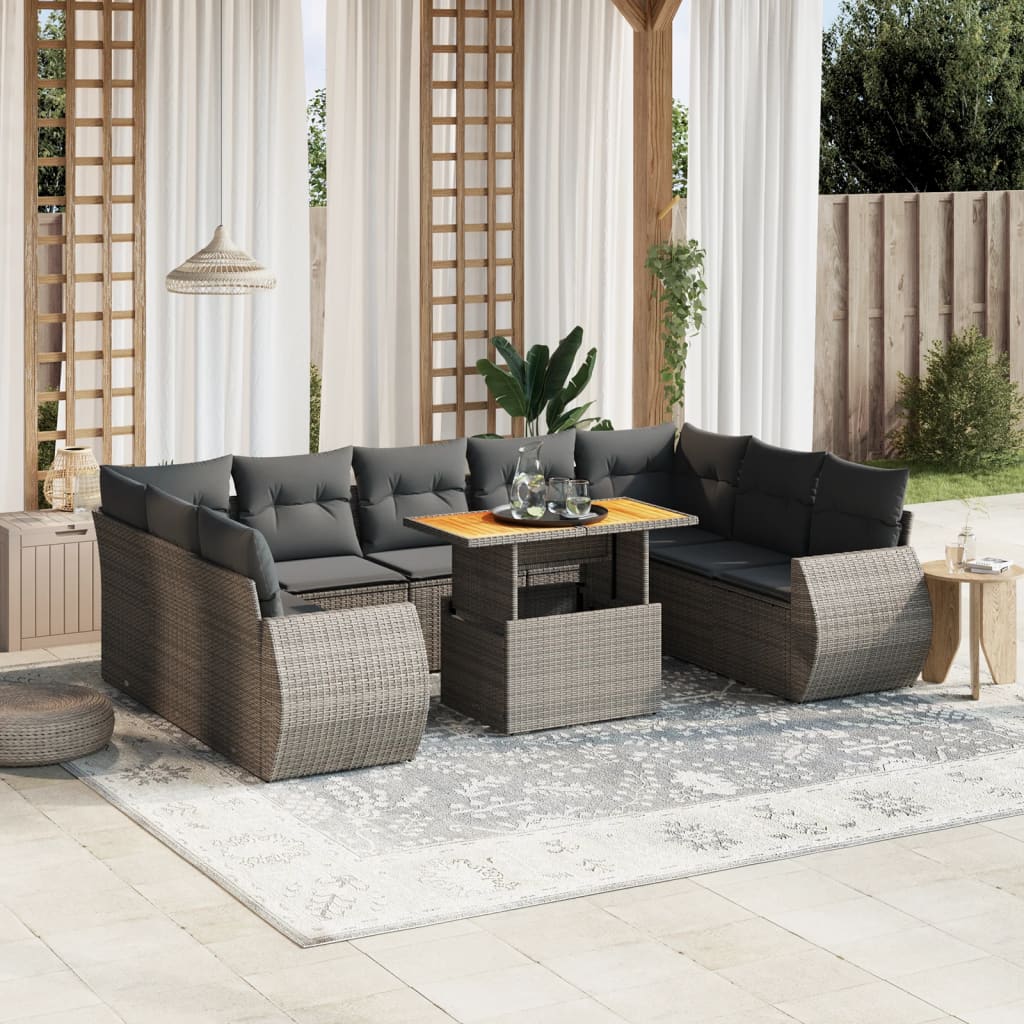 10-delige Loungeset met kussens poly rattan grijs