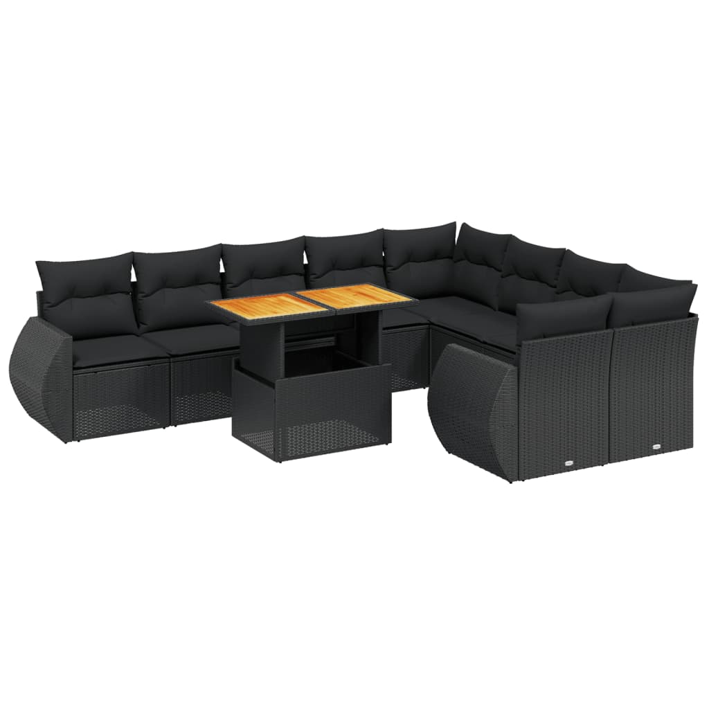 10-delige Loungeset met kussens poly rattan zwart