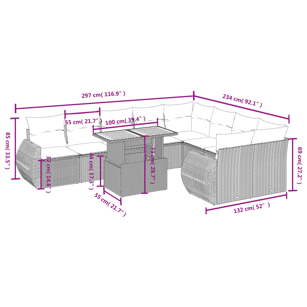 10-delige Loungeset met kussens poly rattan zwart