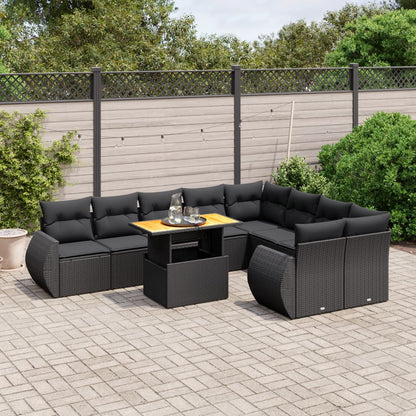 10-delige Loungeset met kussens poly rattan zwart