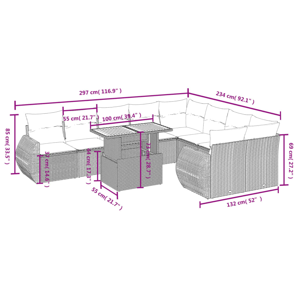 10-delige Loungeset met kussens poly rattan grijs