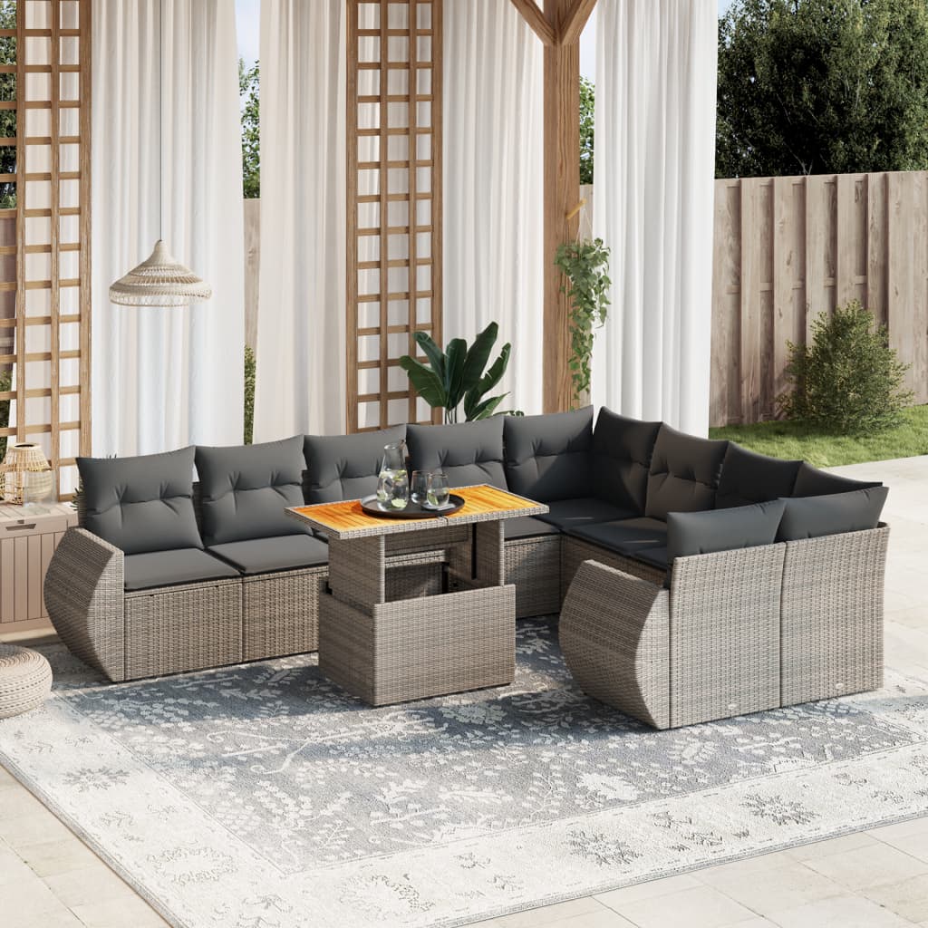 10-delige Loungeset met kussens poly rattan grijs