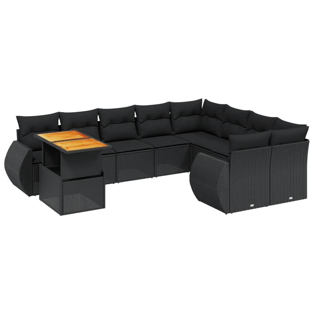 10-delige Loungeset met kussens poly rattan zwart