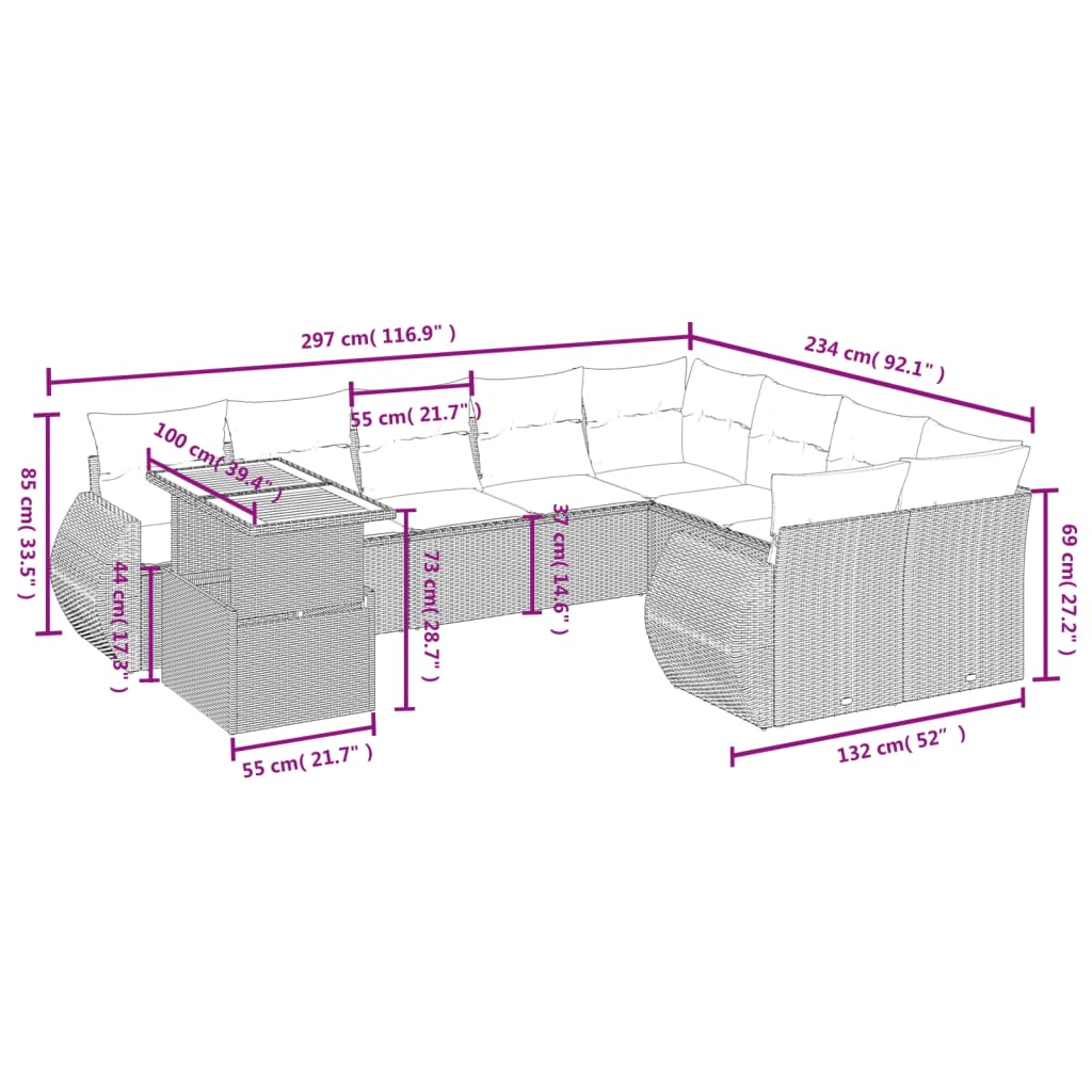 10-delige Loungeset met kussens poly rattan zwart