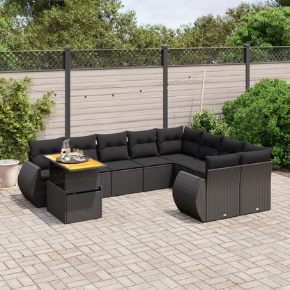 10-delige Loungeset met kussens poly rattan zwart