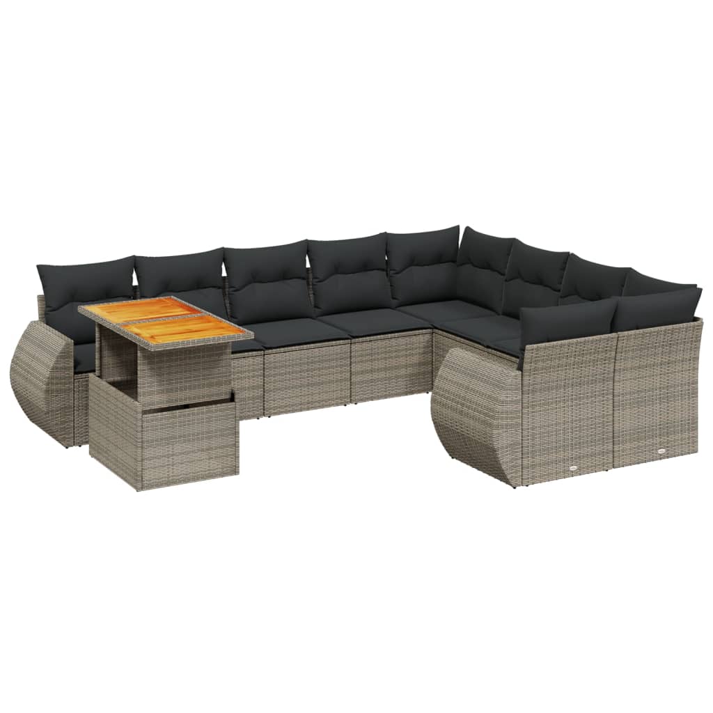 10-delige Loungeset met kussens poly rattan grijs