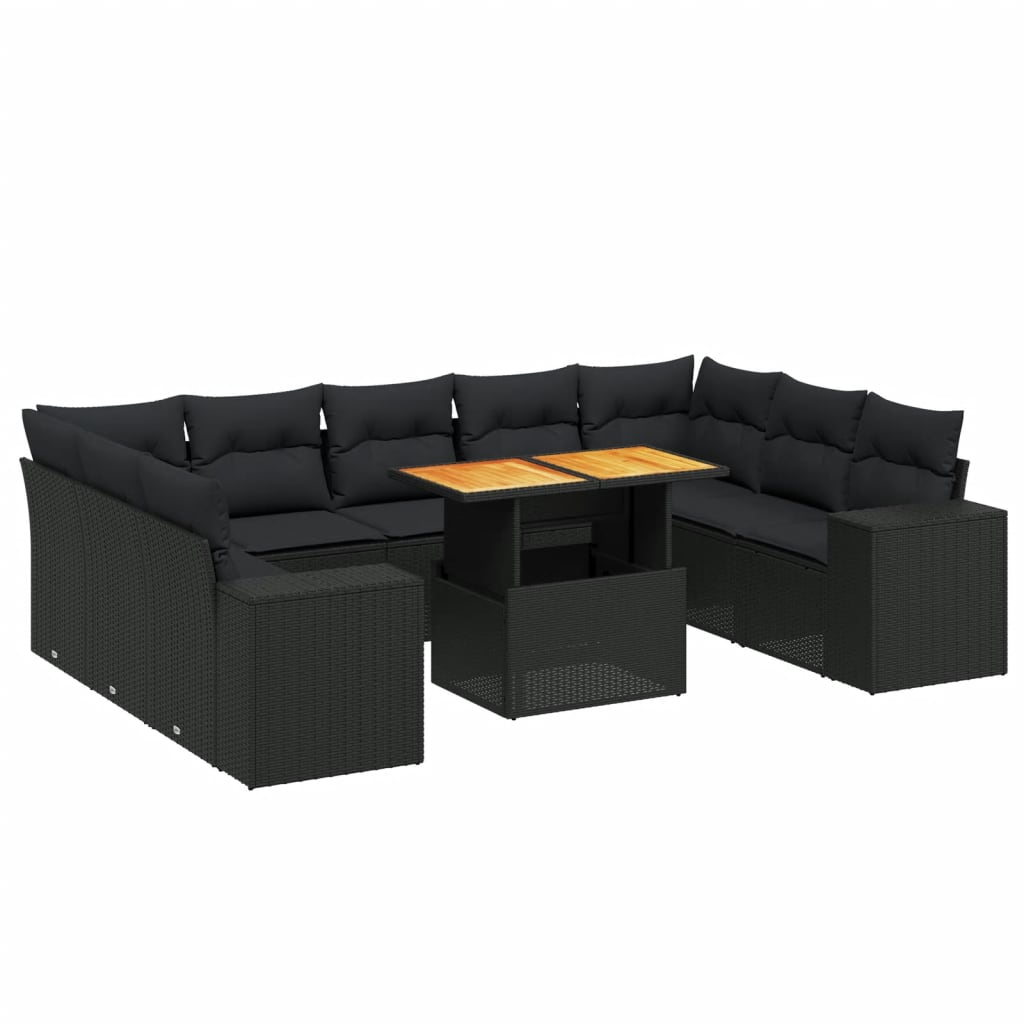 10-delige Loungeset met kussens poly rattan zwart