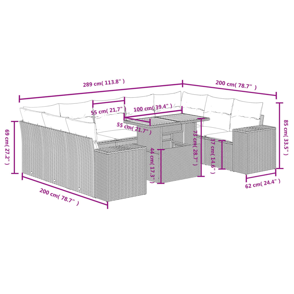 10-delige Loungeset met kussens poly rattan zwart