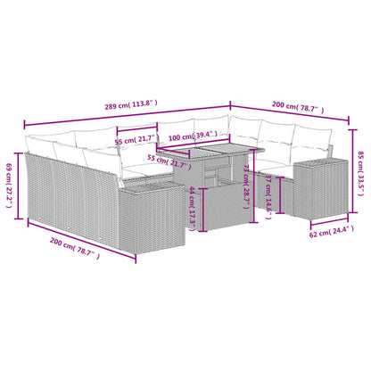 10-delige Loungeset met kussens poly rattan zwart