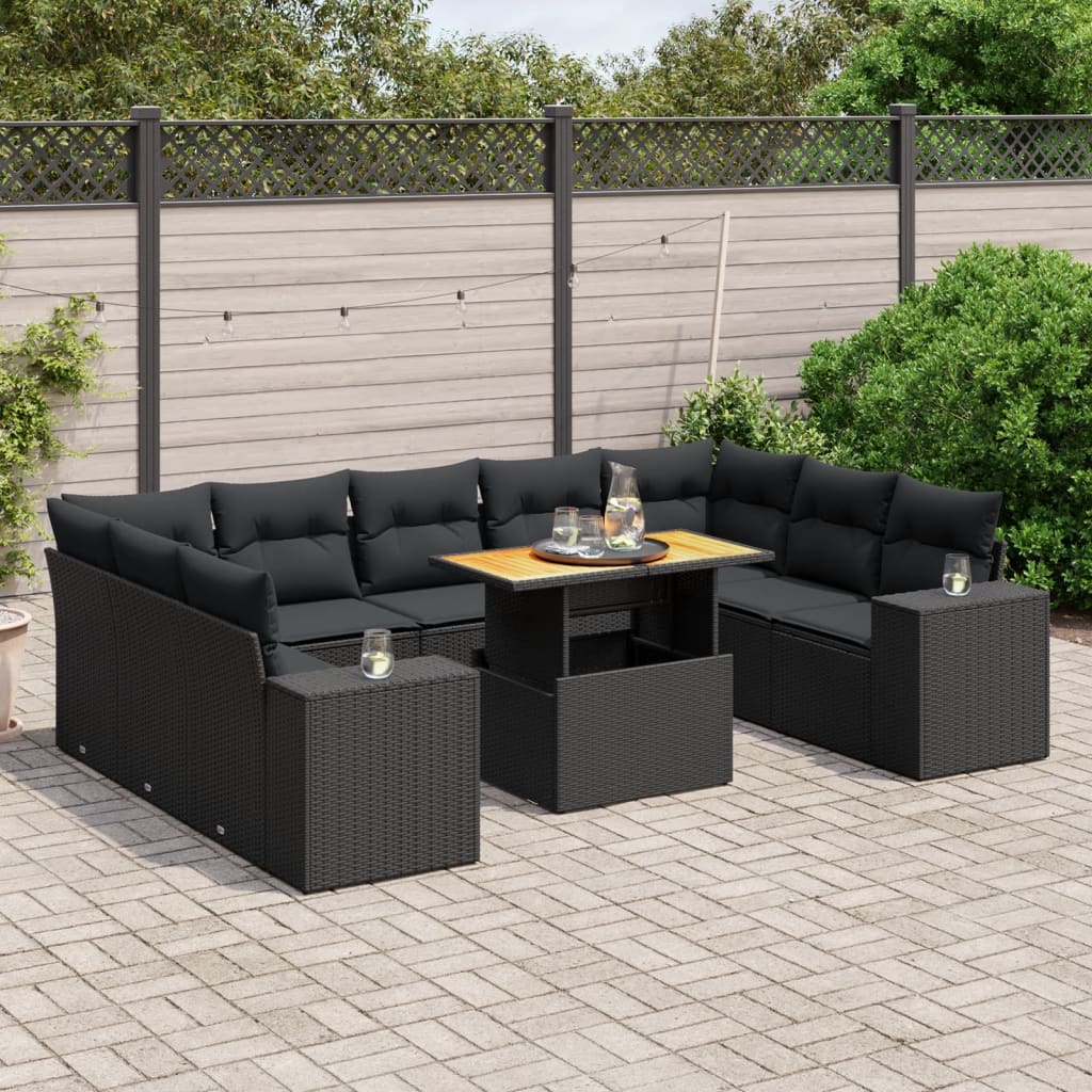 10-delige Loungeset met kussens poly rattan zwart