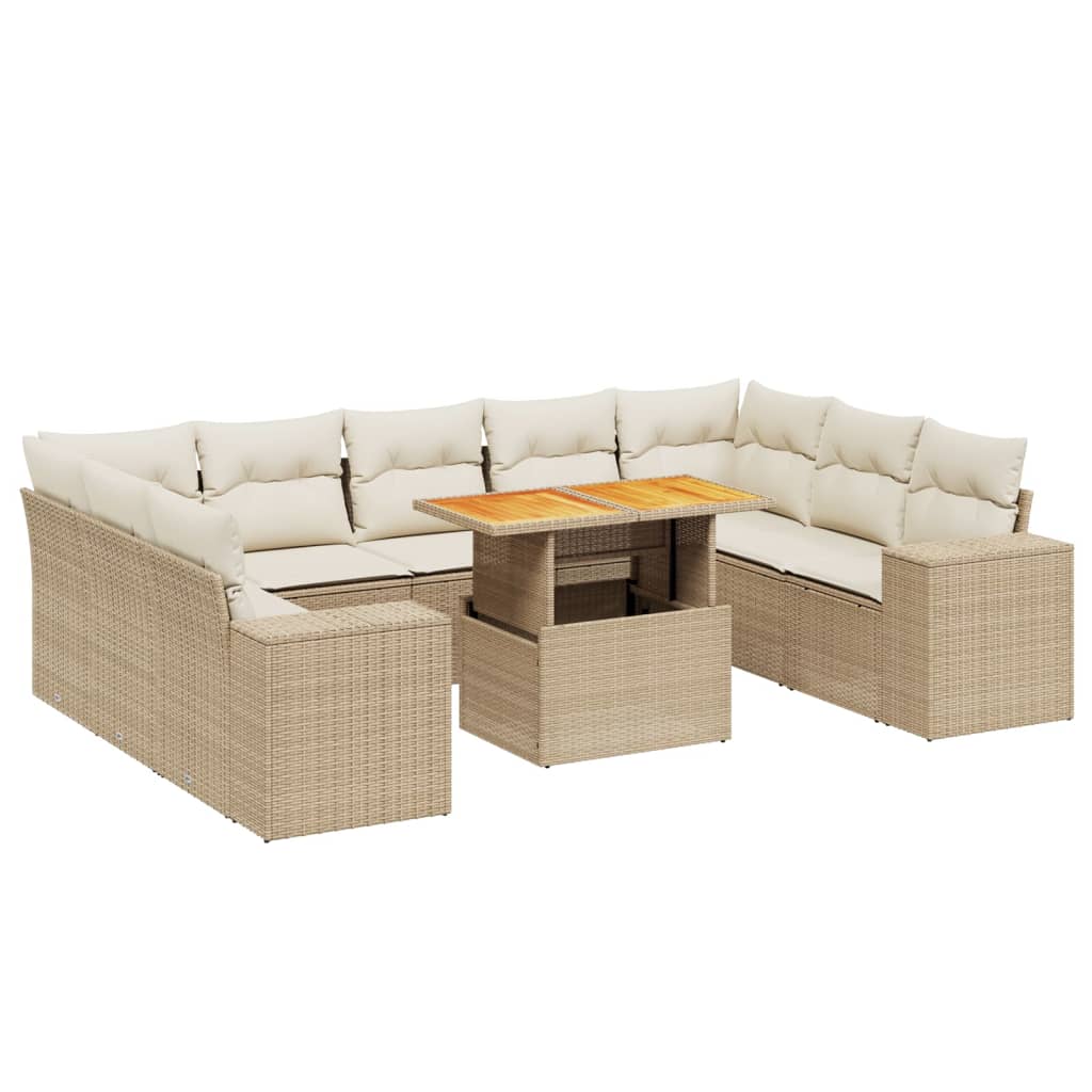 10-delige Loungeset met kussens poly rattan beige