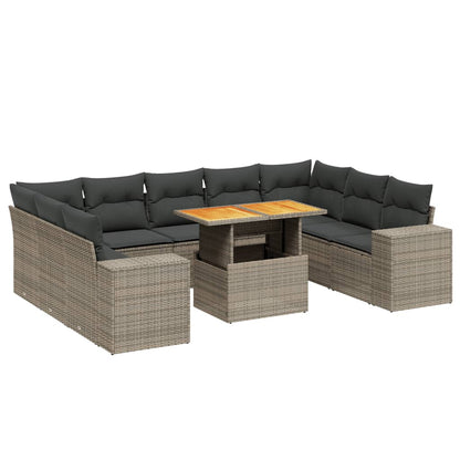 10-delige Loungeset met kussens poly rattan grijs