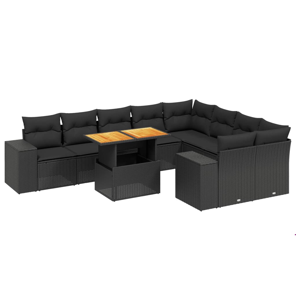 10-delige Loungeset met kussens poly rattan zwart