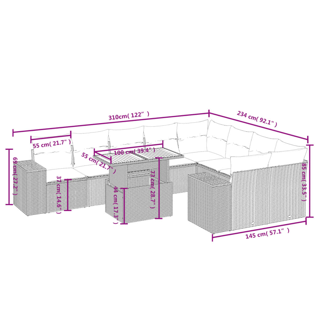 10-delige Loungeset met kussens poly rattan zwart